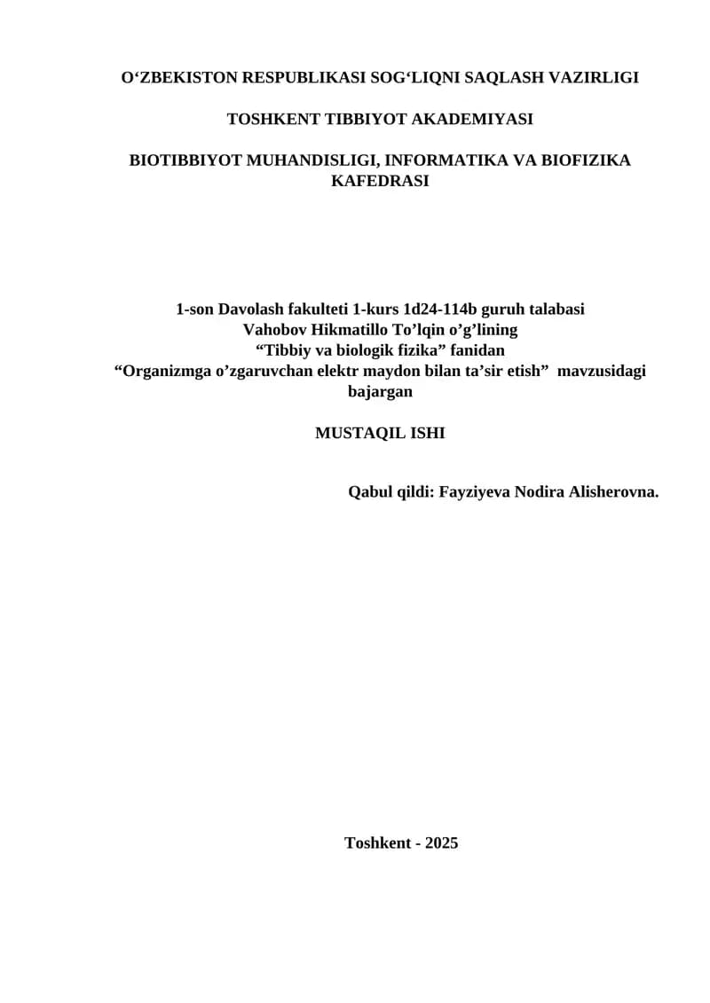 Organizmga o’zgaruvchan elektr maydon bilan ta’sir etish”
