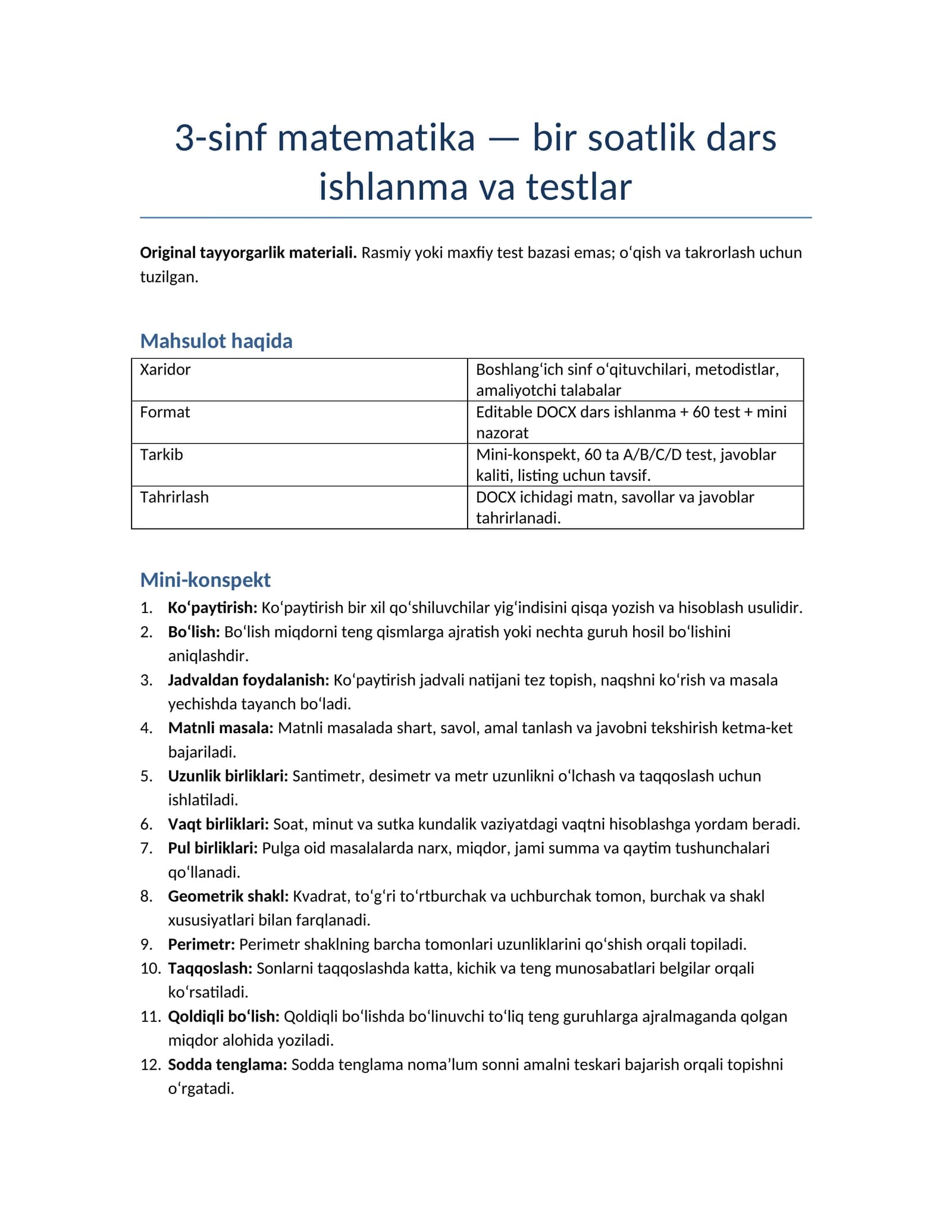 3-sinf matematika — bir soatlik dars ishlanma va testlar