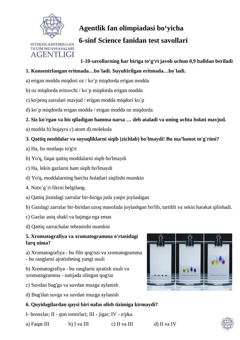 6-sinf Science fanidan test savollari