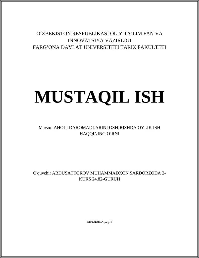 AHOLI DAROMADLARINI OSHIRISHDA OYLIK ISH HAQQINING O’RNI