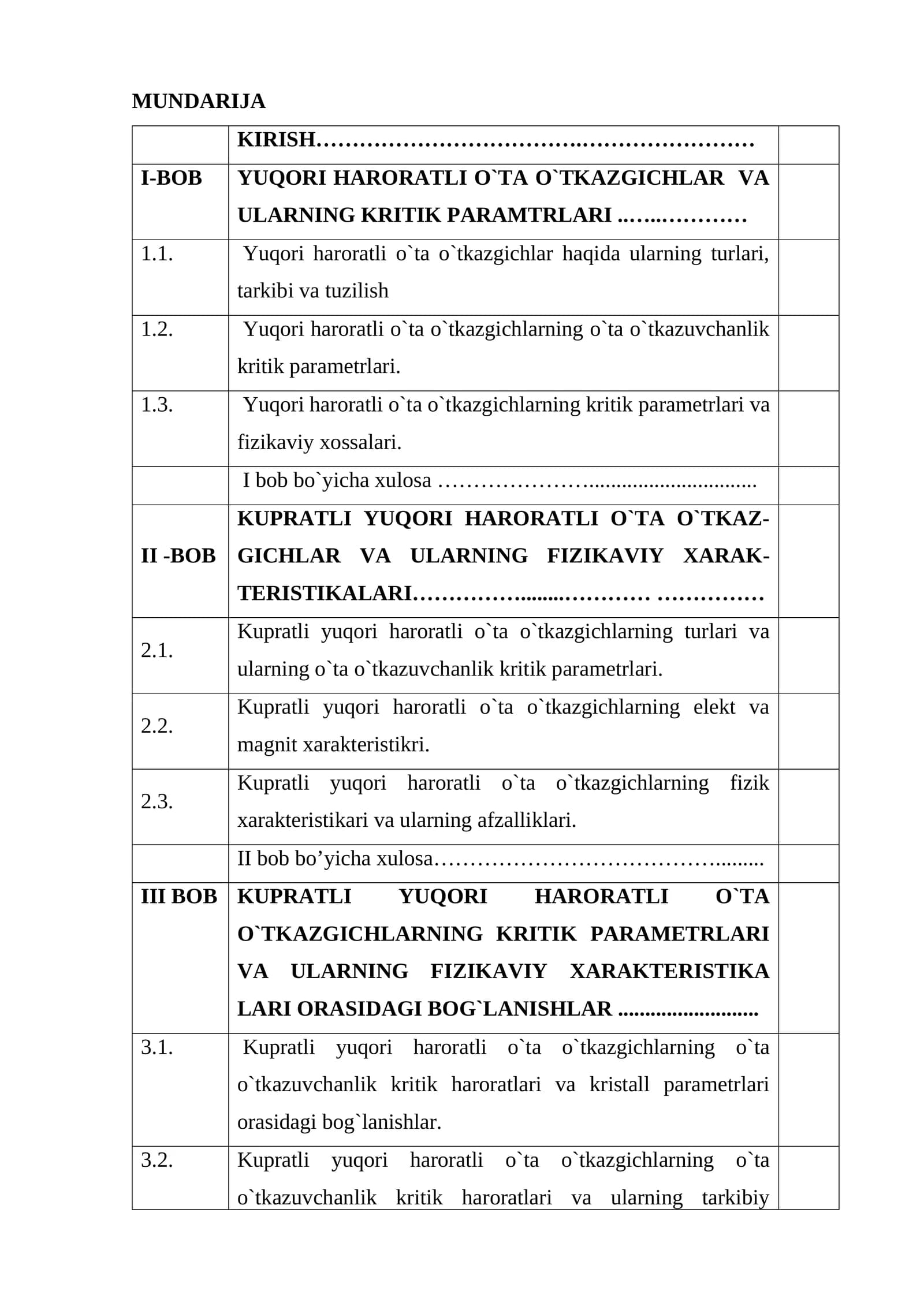 Yuqori haroratli o`ta o`tkazgichlar va ularning kritik paramtrlari