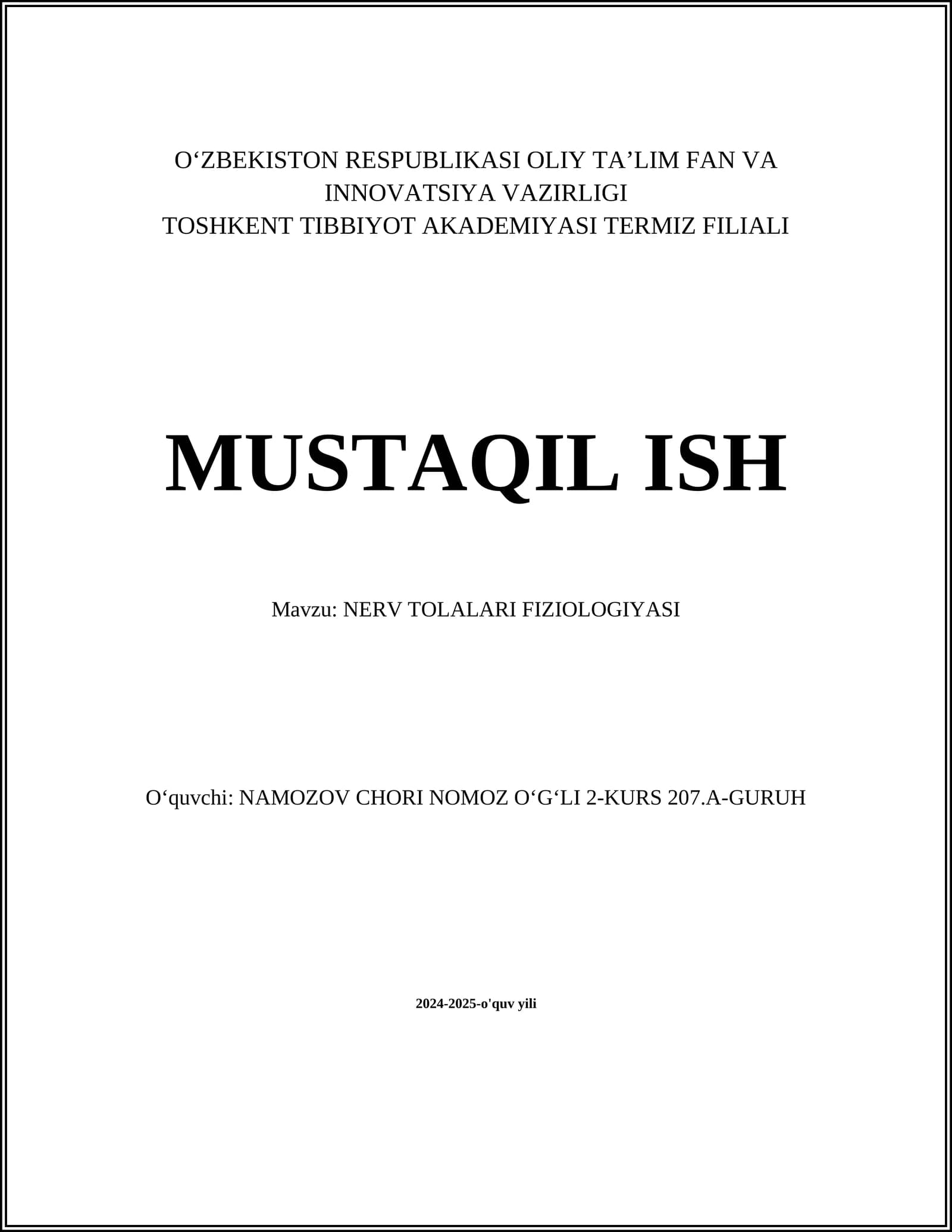 NERV TOLALARI FIZIOLOGIYASI