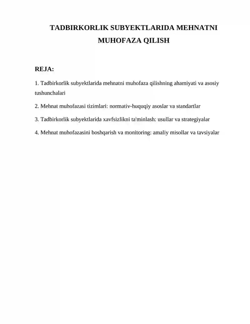 Tadbirkorlik subyektlarida mehnatni muhofaza qilish