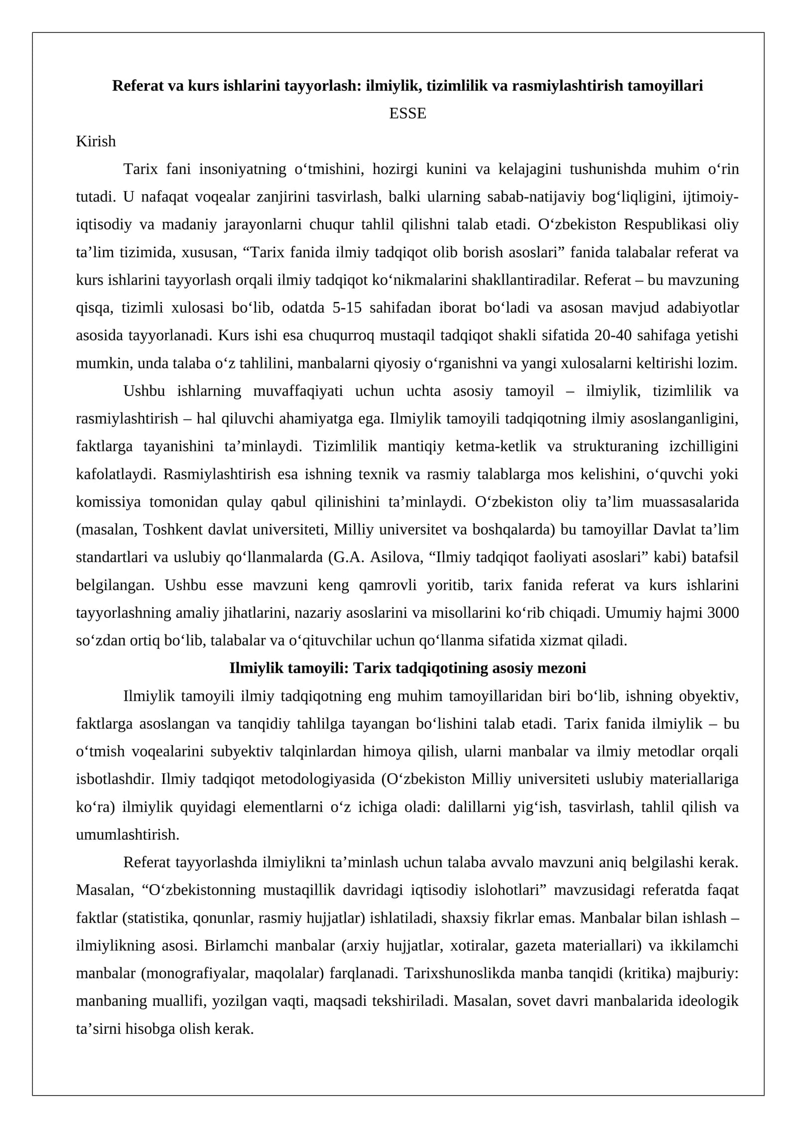 Referat va kurs ishlarini tayyorlash: ilmiylik, tizimlilik va rasmiylashtirish tamoyillari
