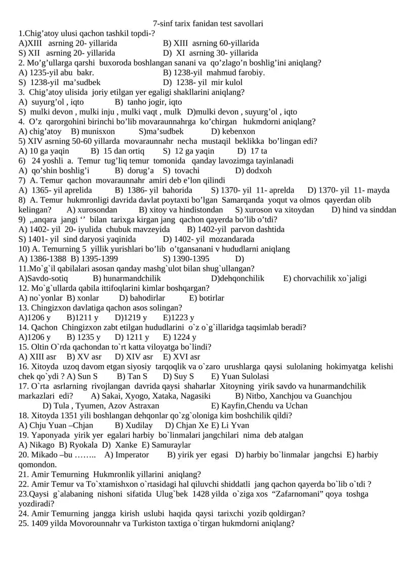 7-sinf tarix fanidan test savollari
