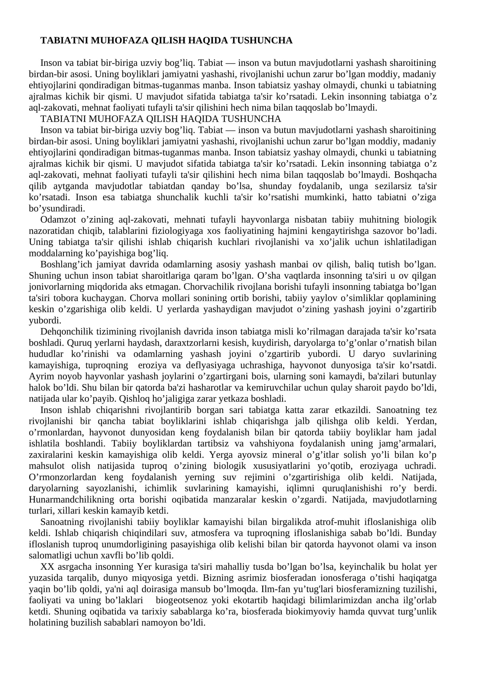 TABIATNI MUHOFAZA QILISH HAQIDA TUSHUNCHA