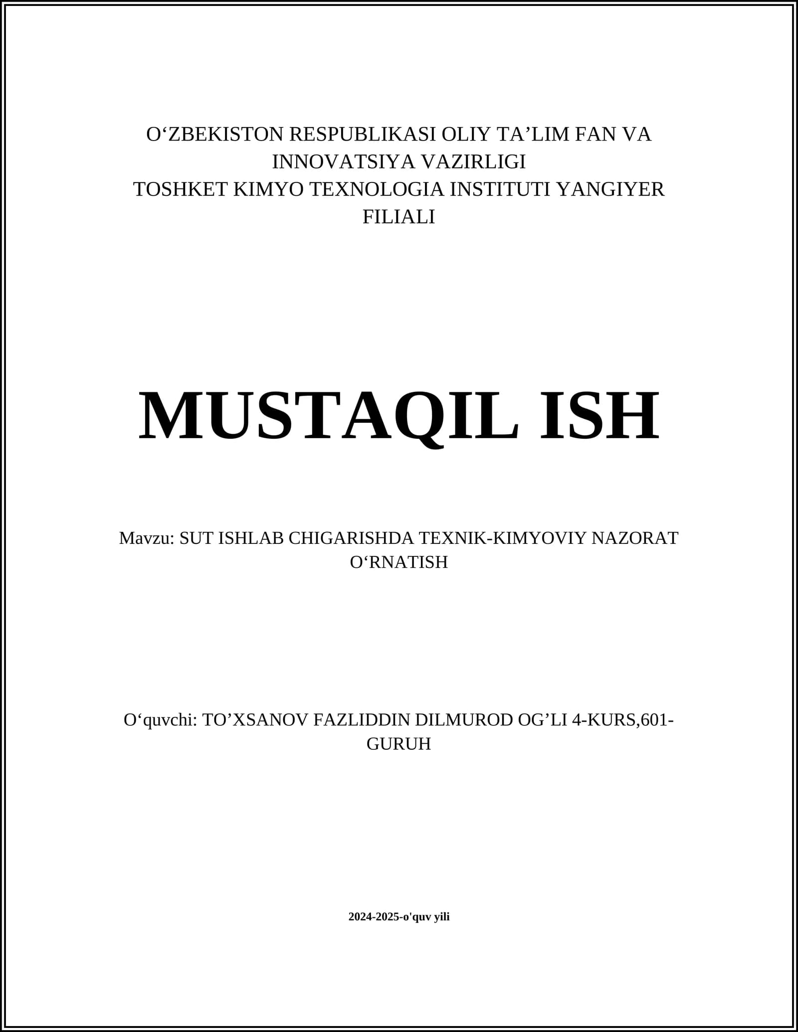 SUT ISHLAB CHIGARISHDA TEXNIK-KIMYOVIY NAZORAT OʻRNATISH