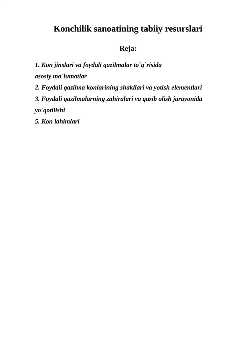 Konchilik sanoatining tabiiy resurslari