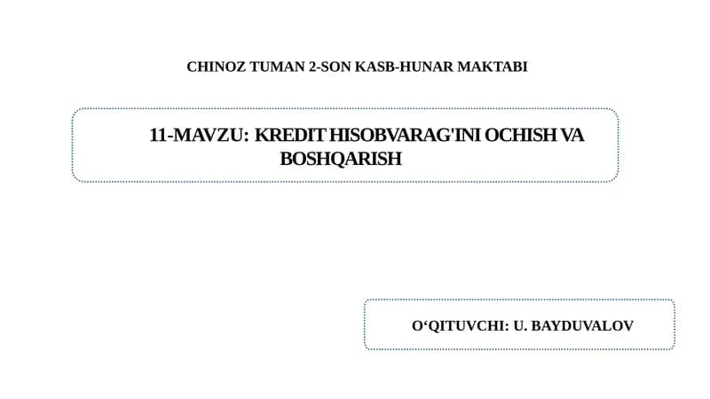 Kredit hisobvarag’ini ochish tartibi, kredit berish va qaytarish operastiyalarining va foizlar undirilishining hisobi.