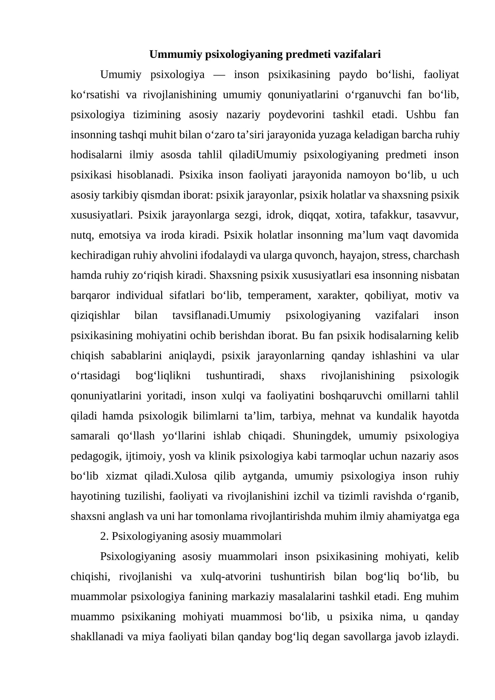 Umumiy psixologiyaning predmeti vazifalari