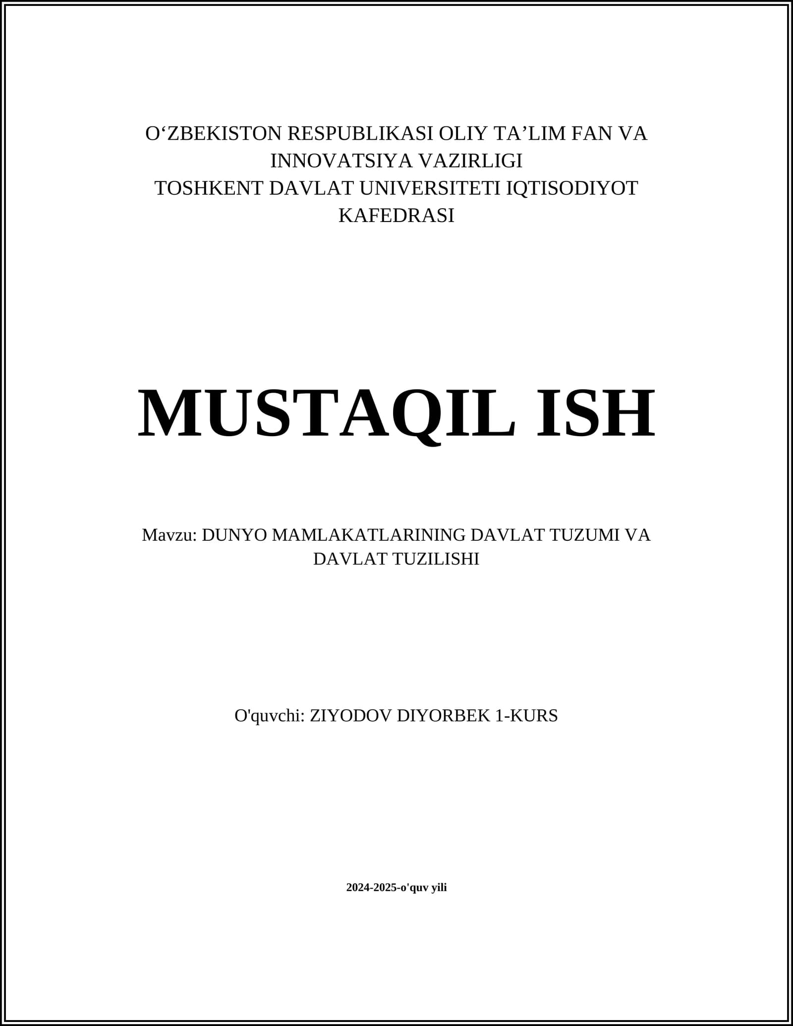 DUNYO MAMLAKATLARINING DAVLAT TUZUMI VA DAVLAT TUZILISHI