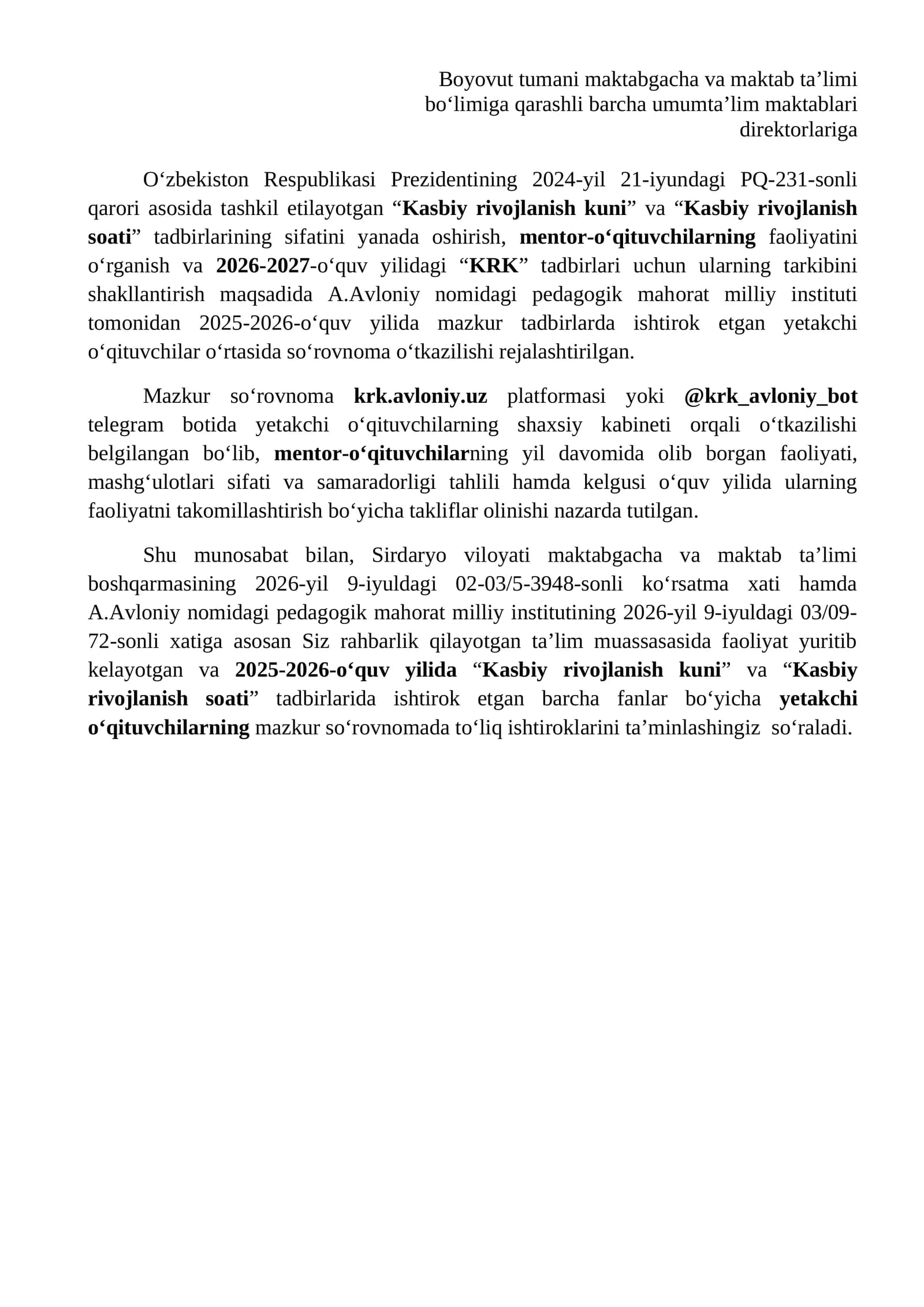"Kasbiy rivojlanish kuni" va "Kasbiy rivojlanish soati" tadbirlari