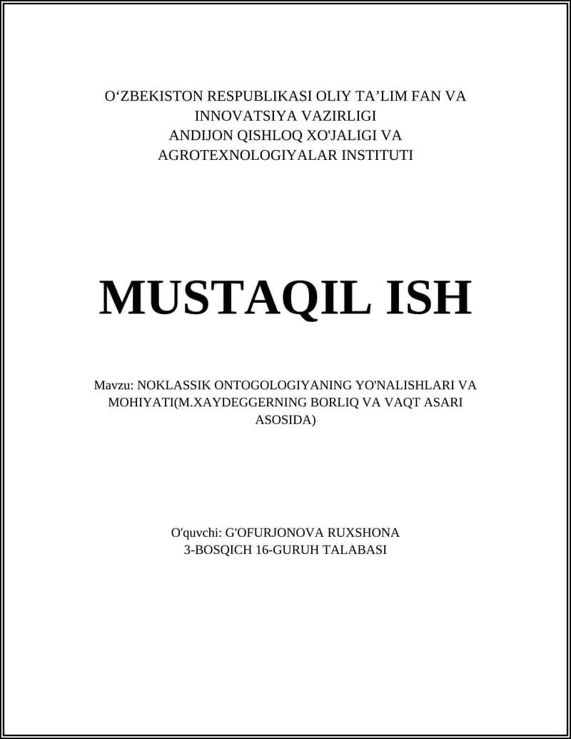 NOKLASSIK ONTOGOLOGIYANING YO'NALISHLARI VA MOHIYATI