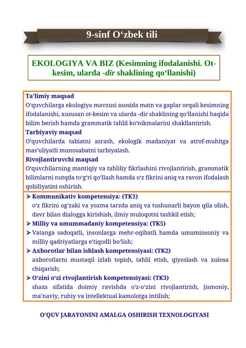 9-sinf O‘zbek tili Ekologiya va biz. Kesmining ifodalanishi. Ot kesim.