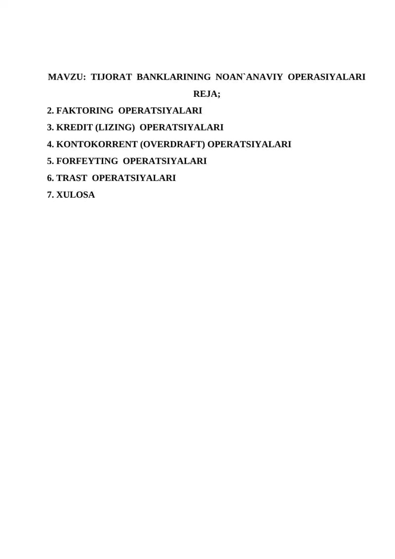 TIJORAT  BANKLARINING  NOAN`ANAVIY  OPERASIYALARI