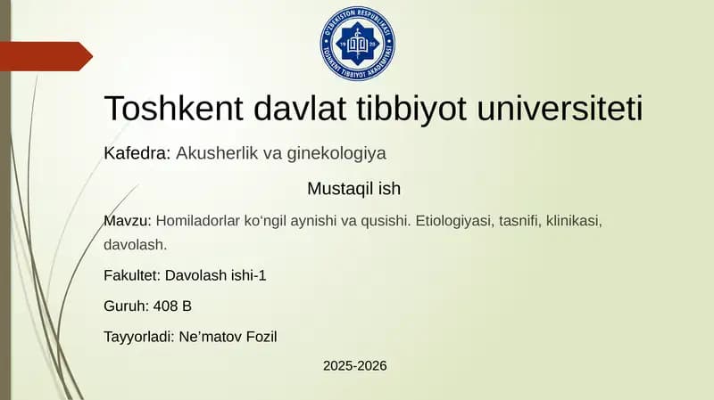 Homiladorlar ko‘ngil aynishi va qusishi