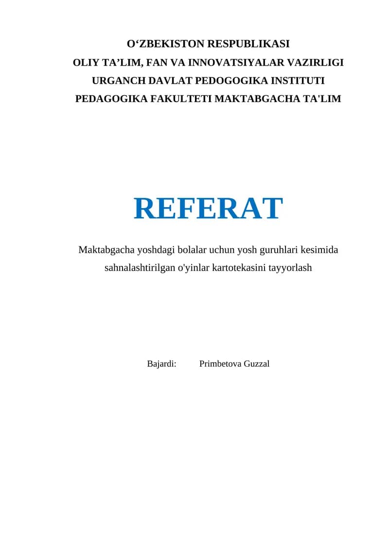 Maktabgacha yoshdagi bolalar uchun yosh guruhlari kesimida sahnalashtirilgan o'yinlar kartotekasini tayyorlash