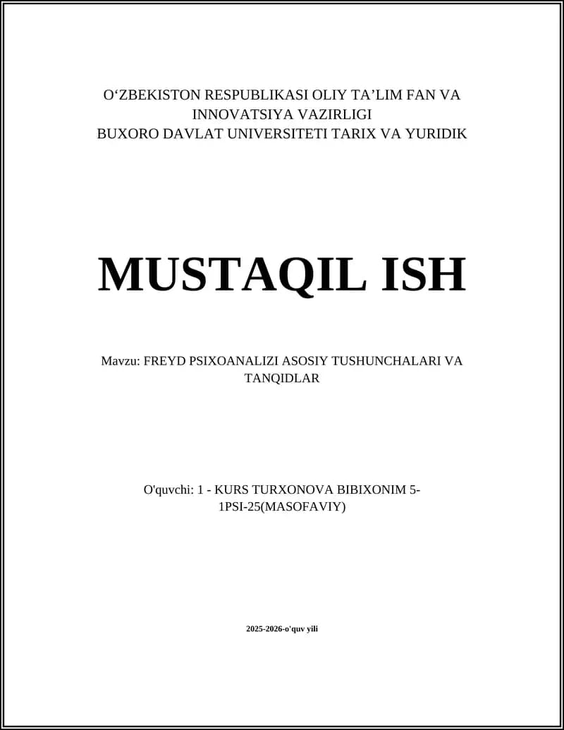 FREYD PSIXOANALIZI ASOSIY TUSHUNCHALARI VA TANQIDLAR