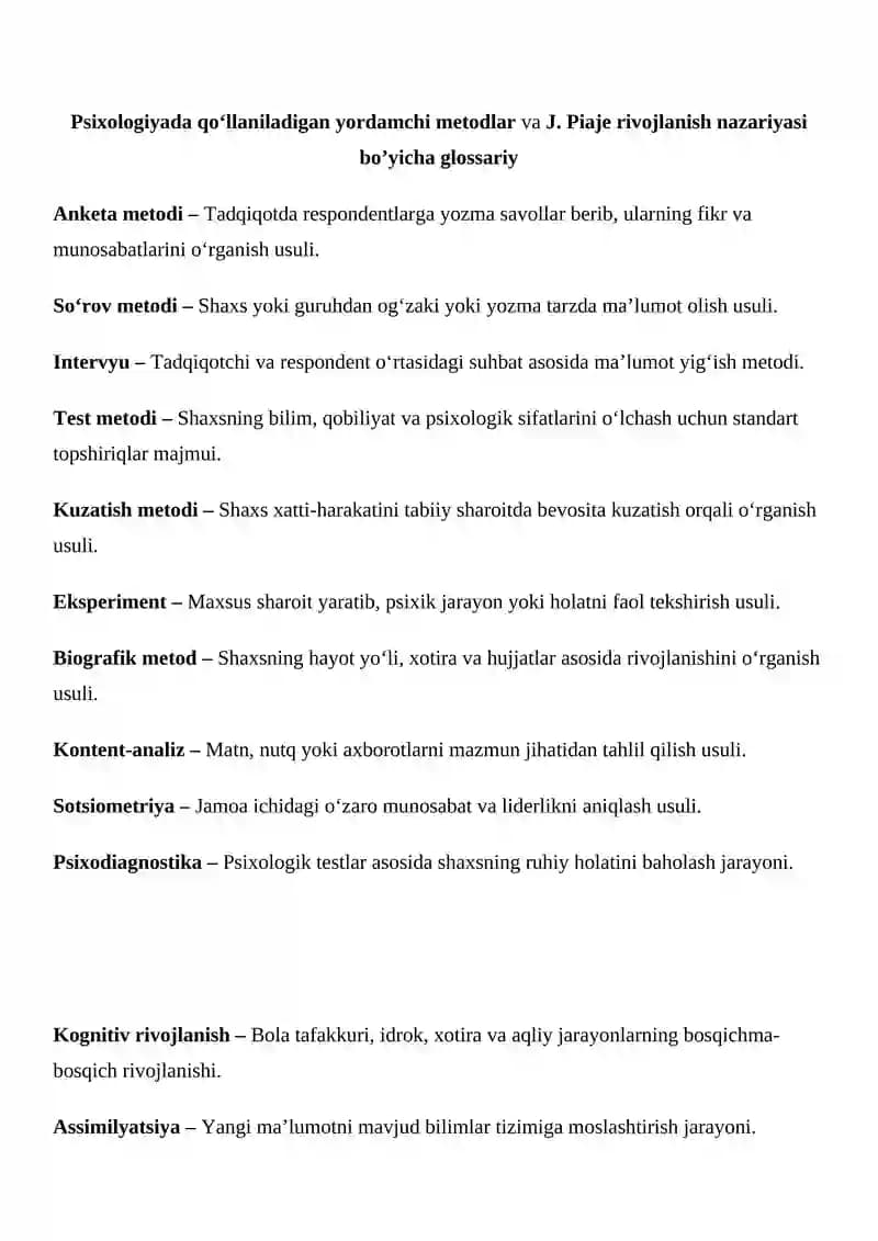 Psixologiyada qo‘llaniladigan yordamchi metodlar va J. Piaje rivojlanish nazariyasi bo’yicha glossariy