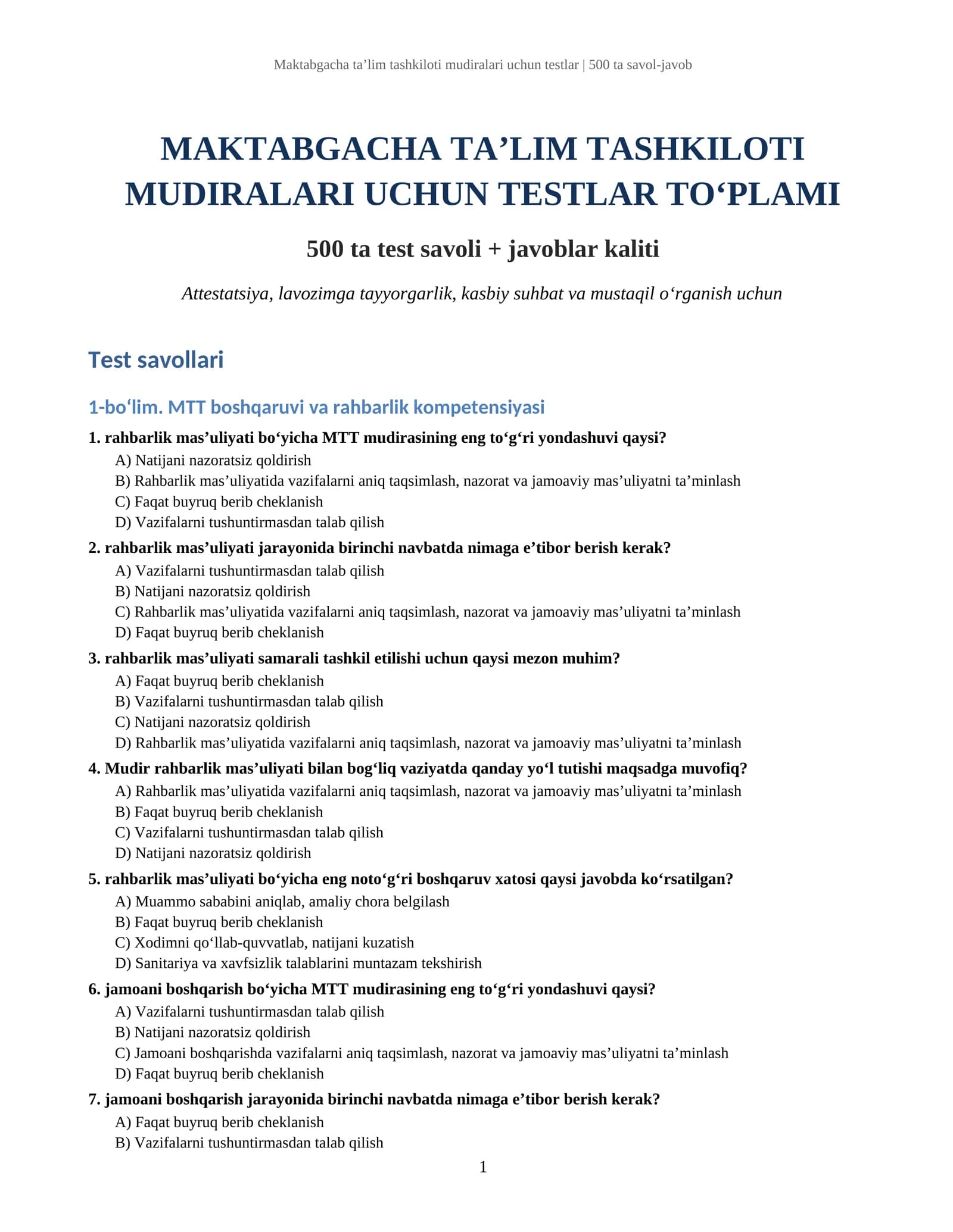 MAKTABGACHA TA’LIM TASHKILOTI MUDIRALARI UCHUN TESTLAR TO‘PLAMI