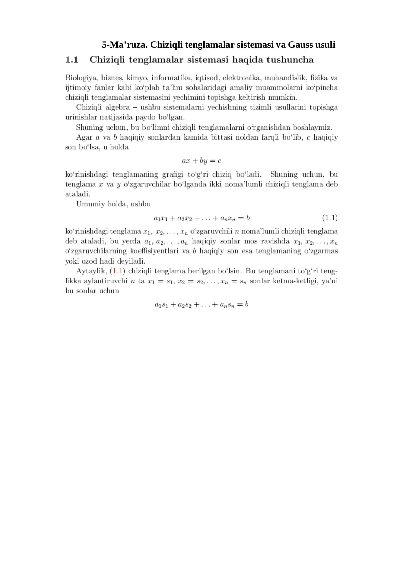 5-Ma’ruza. Chiziqli tenglamalar sistemasi va Gauss usuli