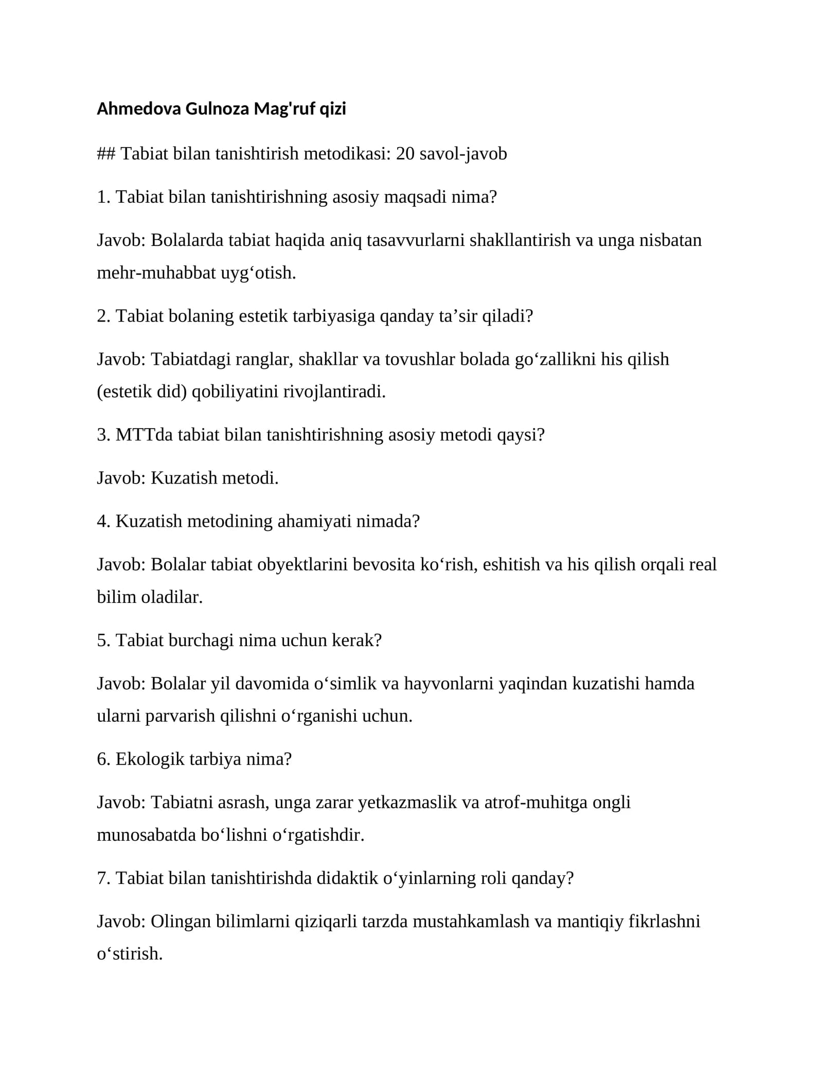 Tabiat bilan tanishtirish metodikasi: 20 savol-javob