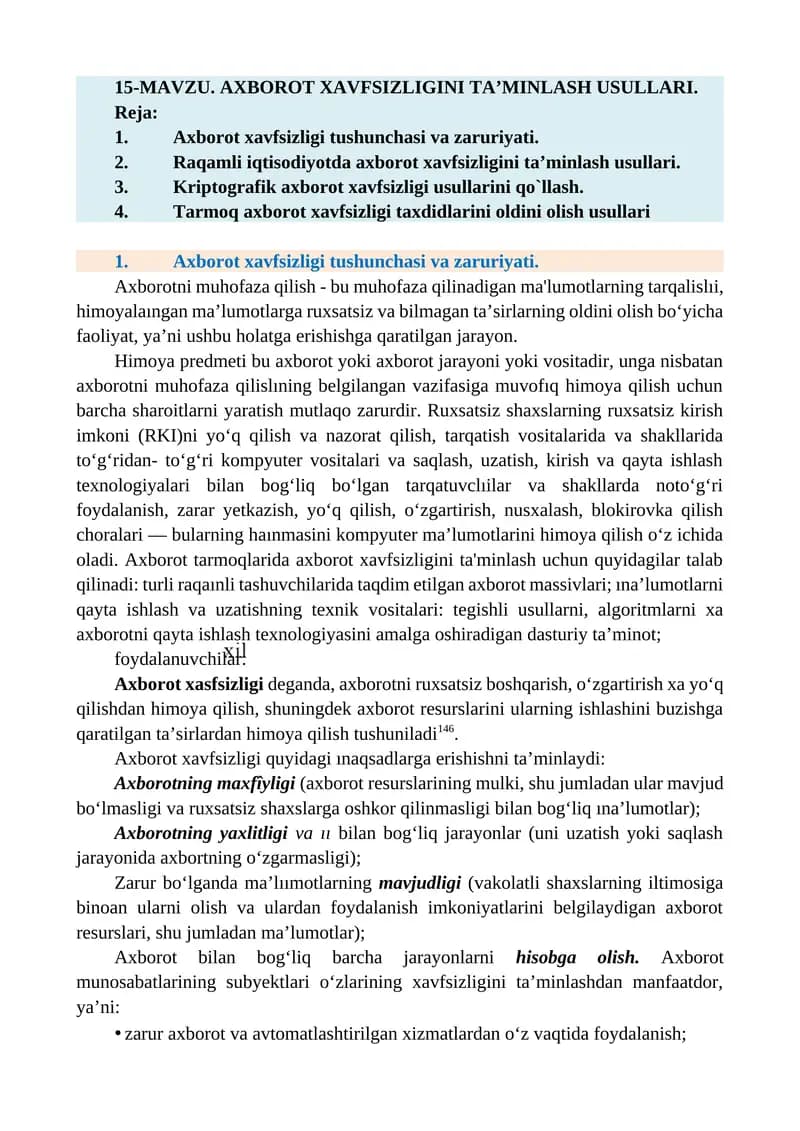 AXBOROT XAVFSIZLIGINI TA’MINLASH USULLARI