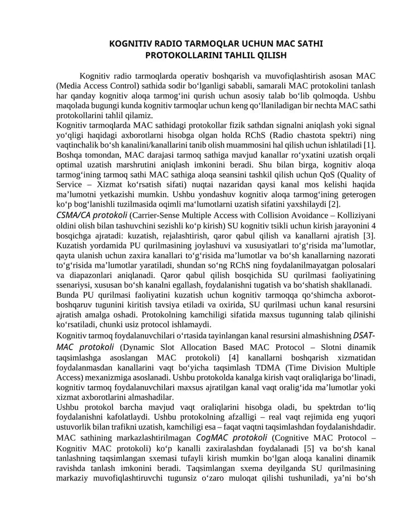 Kognitiv radio tarmoqlar uchun mac sathi protokollarini tahlil qilish