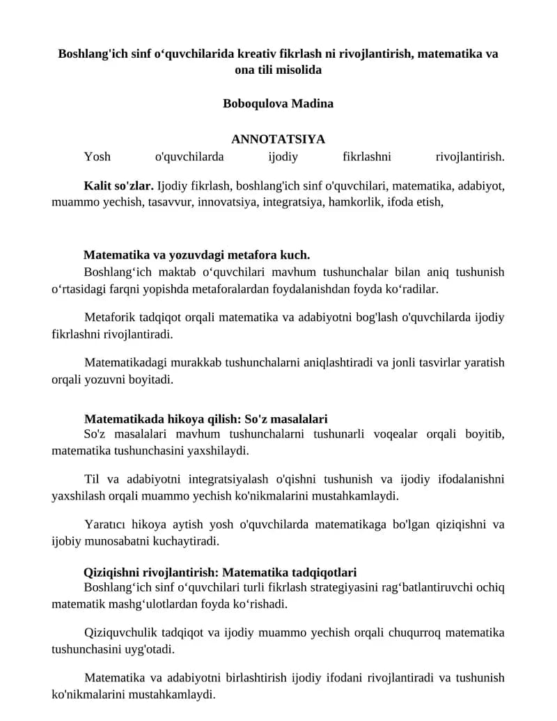 Ijodiy fikrlashni rivojlantirish boshlang'ich sinf o'quvchilari uchun