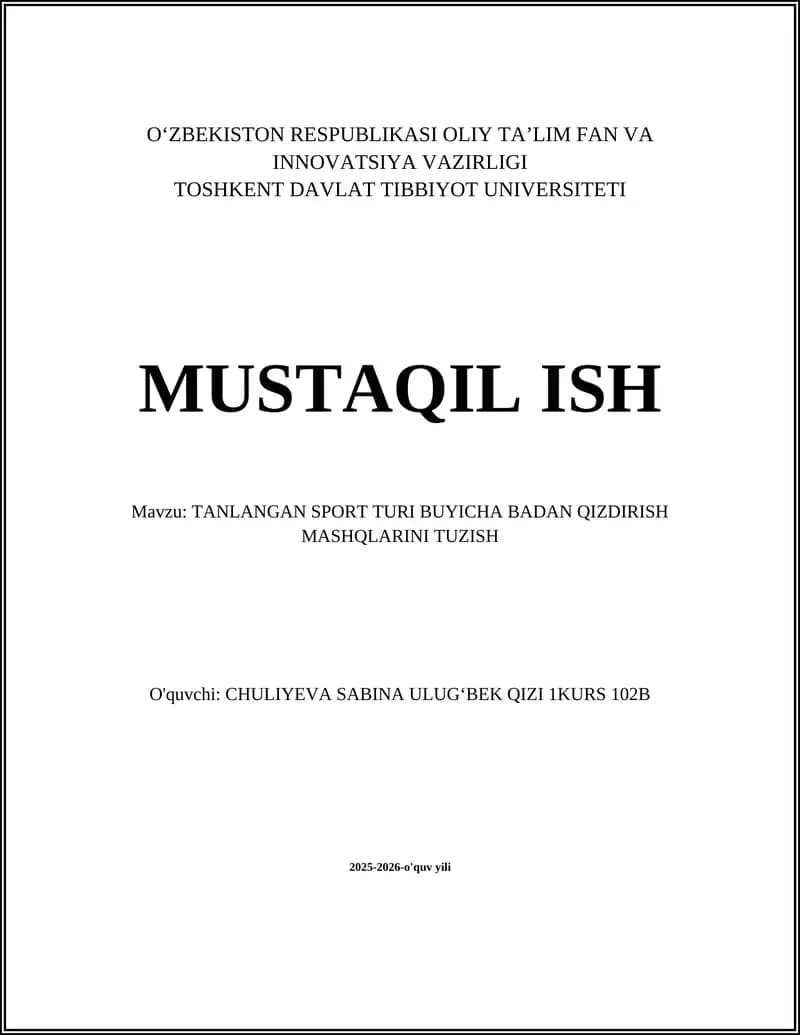 TANLANGAN SPORT TURI BUYICHA BADAN QIZDIRISH MASHQLARINI TUZISH