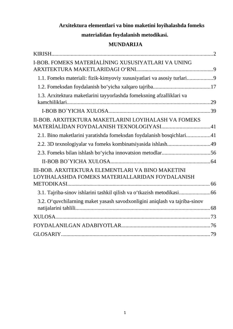 ARXITEKTURA ELEMENTLARI VA BINO MAKETINI LOYIHALASHDA FOMEKS MATERIALLARIDAN FOYDALANISH METODIKASI