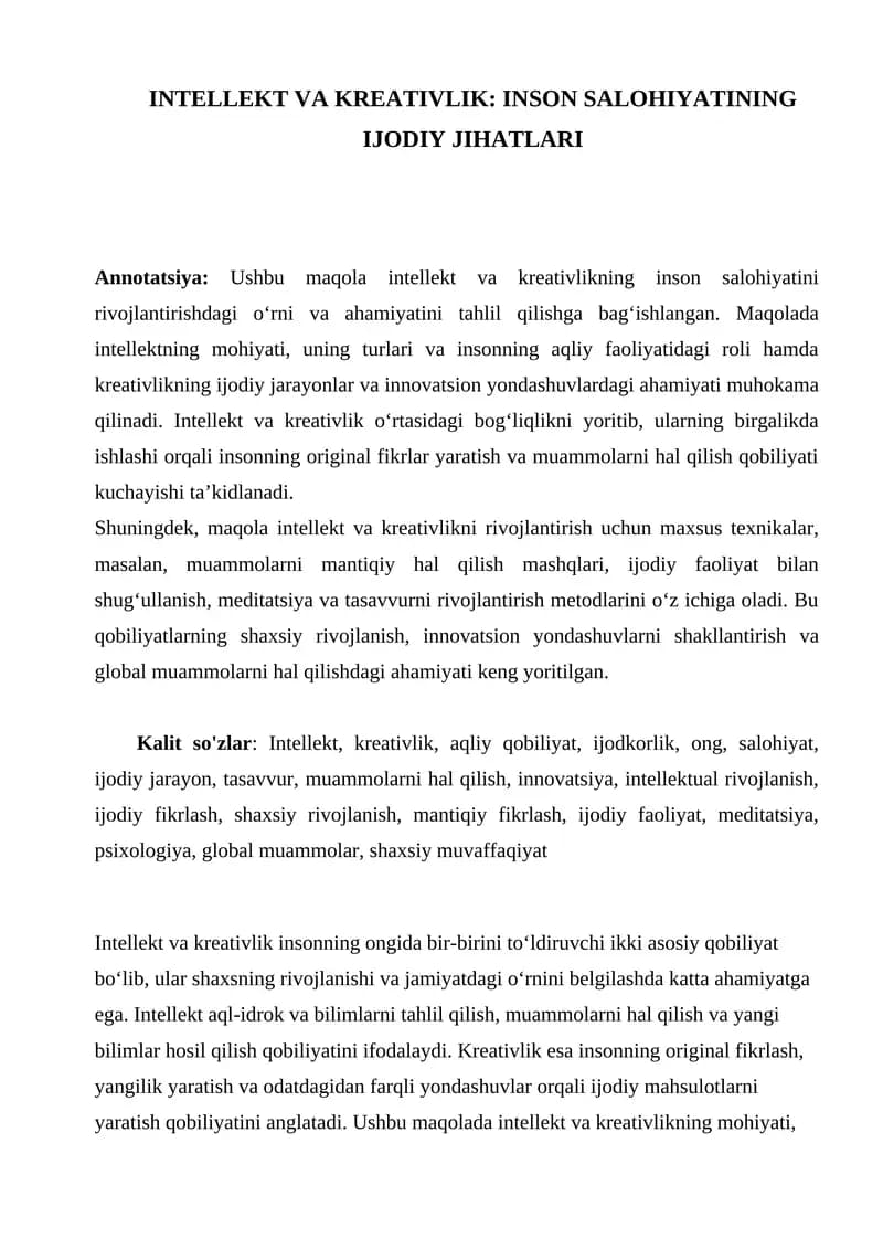 INTELLEKT VA KREATIVLIK: INSON SALOHIYATINING IJODIY JIHATLARI