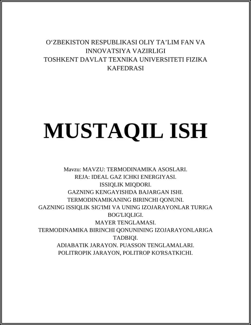 TERMODINAMIKA ASOSLARI