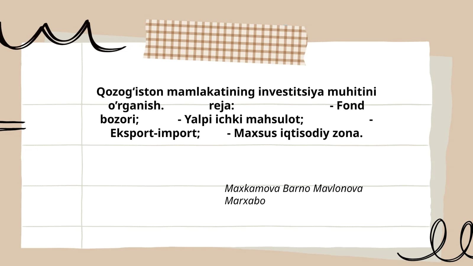 Qozog‘iston mamlakatining investitsiya muhitini o’rganish