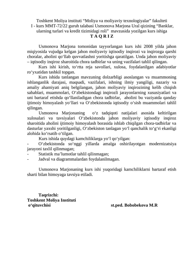 Banklar, ularning turlari va kredit tizimidagi roli