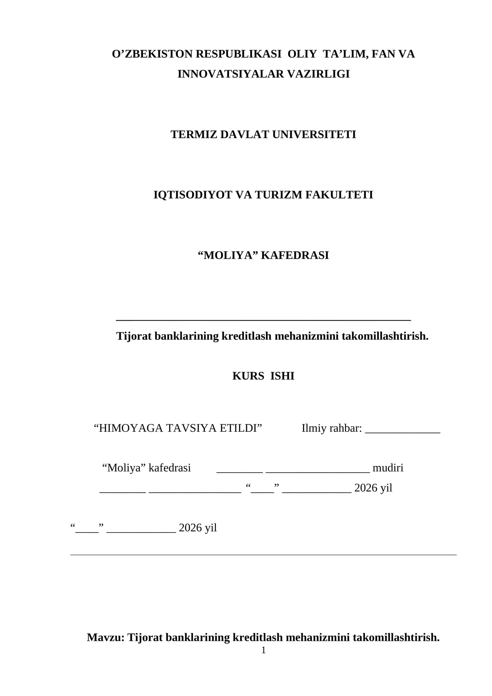 Tijorat banklarining kreditlash mehanizmini takomillashtirish