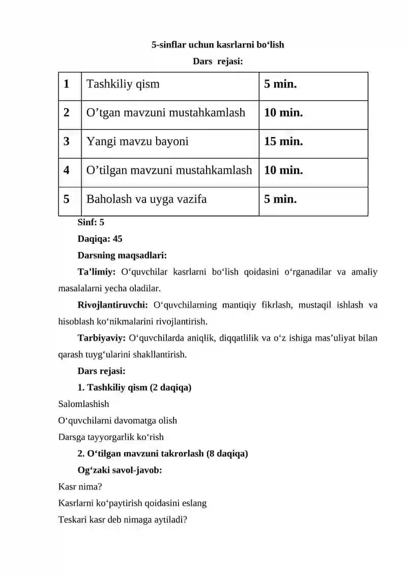 5-sinflar uchun kasrlarni boʻlish