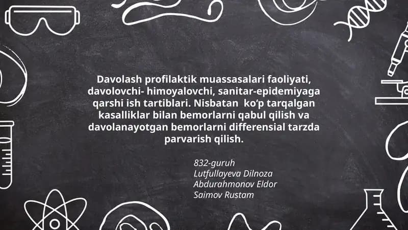 Davolash profilaktik muassasalari faoliyati, davolovchi- himoyalovchi, sanitar-epidemiyaga qarshi ish tartiblari. Nisbatan ko‘p tarqalgan kasalliklar bilan bemorlarni qabul qilish va davolanayotgan bemorlarni differensial tarzda parvarish qilish.