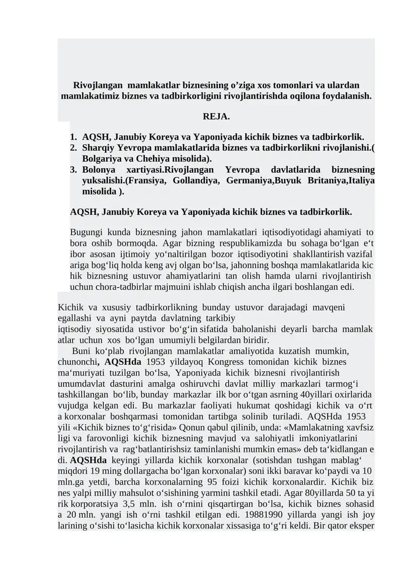 Rivojlangan mamlakatlar biznesining o’ziga xos tomonlari va ulardan mamlakatimiz biznes va tadbirkorligini rivojlantirishda oqilona foydalanish