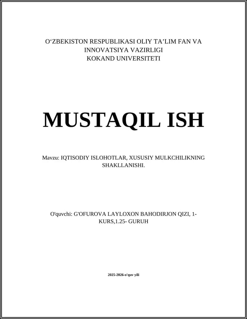 IQTISODIY ISLOHOTLAR, XUSUSIY MULKCHILIKNING SHAKLLANISHI