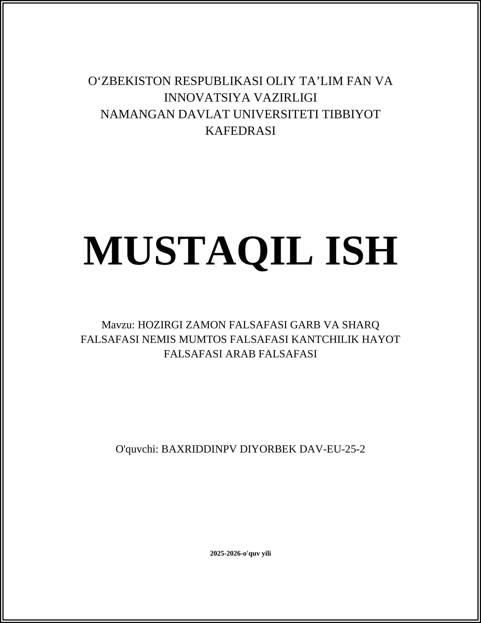 HOZIRGI ZAMON FALSAFASI GARB VA SHARQ FALSAFASI NEMIS MUMTOS FALSAFASI KANTCHILIK HAYOT FALSAFASI ARAB FALSAFASI
