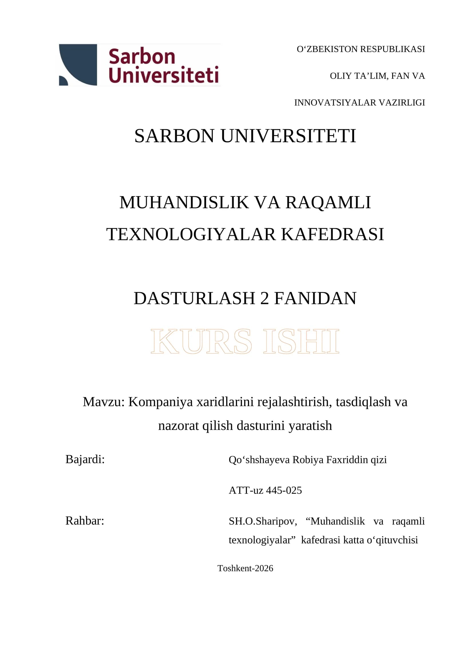 Dasturlash 2 Fanidan Kurs Ishi