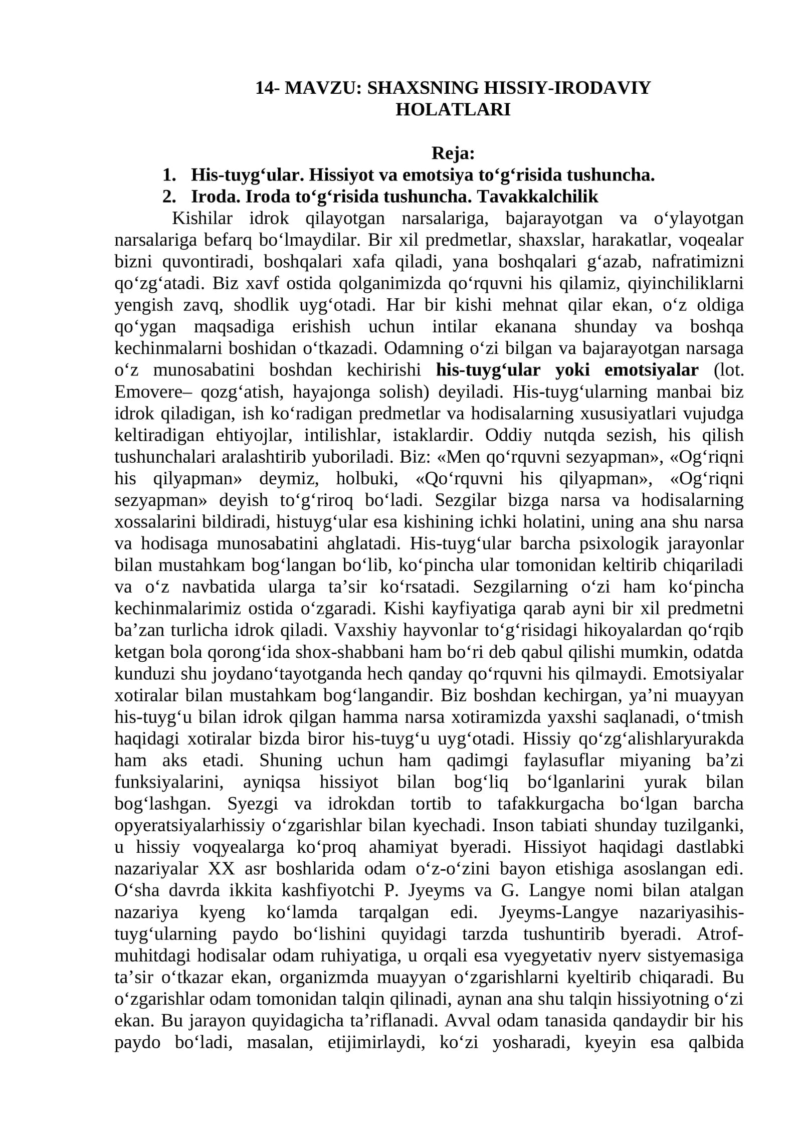 SHAXSNING HISSIY-IRODAVIY HOLATLARI