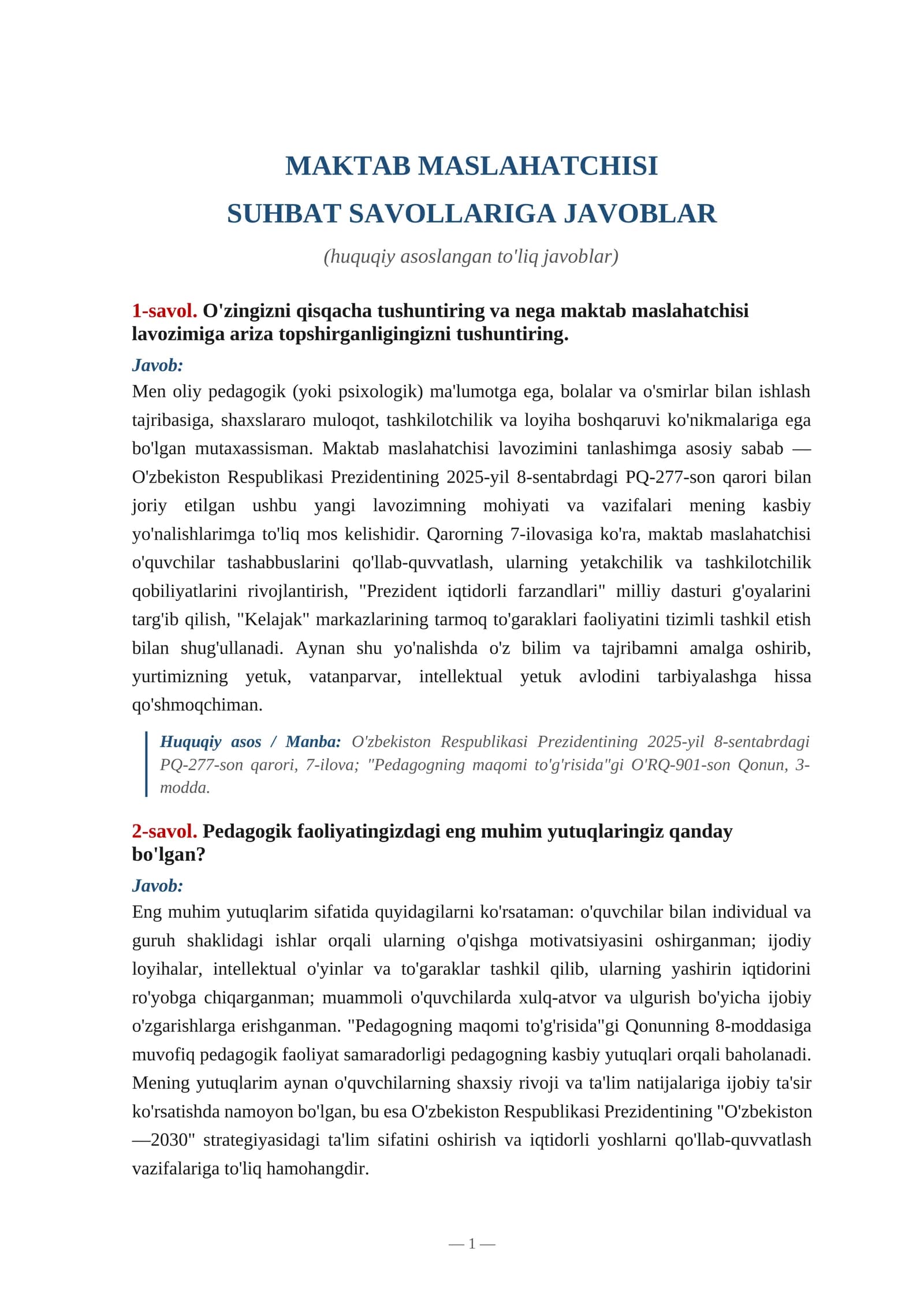 Maktab maslahatchisi savollarga javoblar