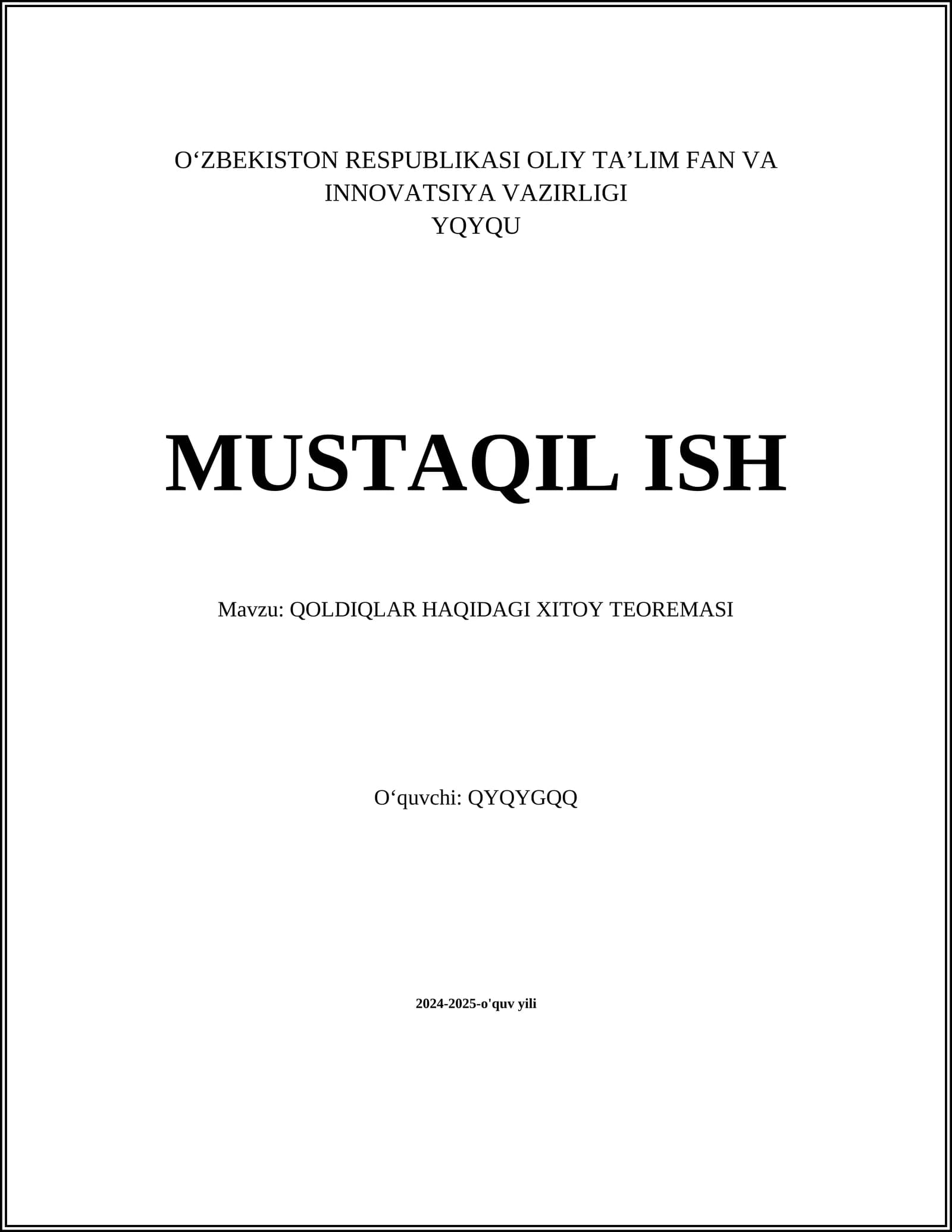QOLDIQLAR HAQIDAGI XITOY TEOREMASI