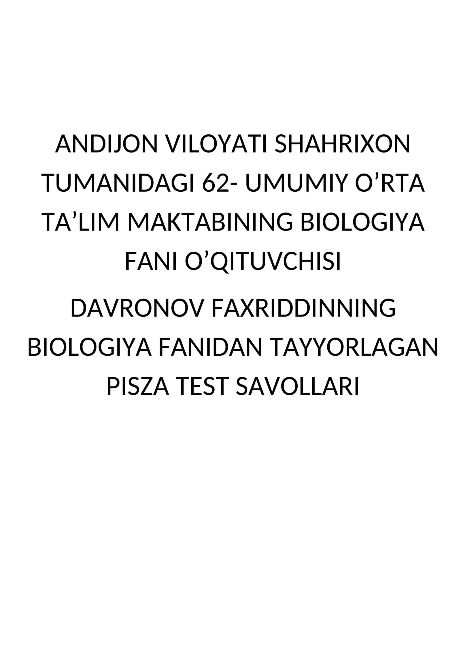 Biologiya Fanidan Savolli Pisga Testlar