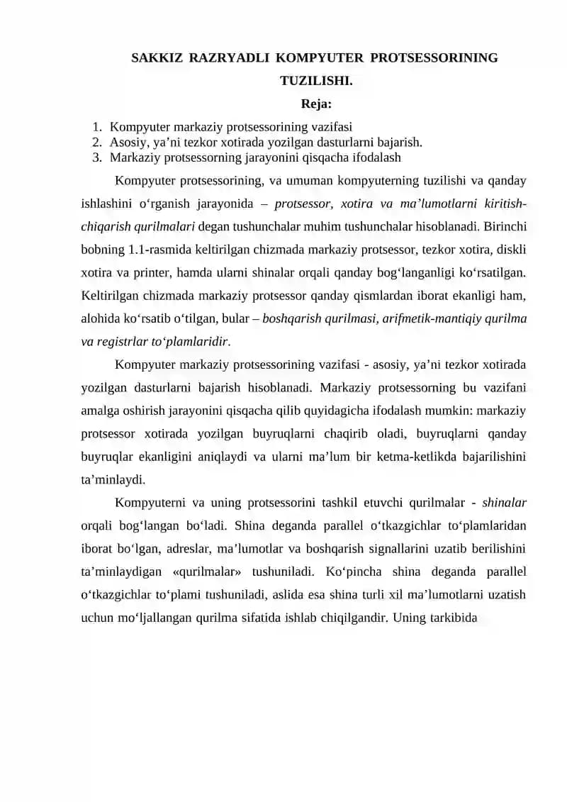 SAKKIZ RAZRYADLI KOMPYUTER PROTSESSORINING TUZILISHI