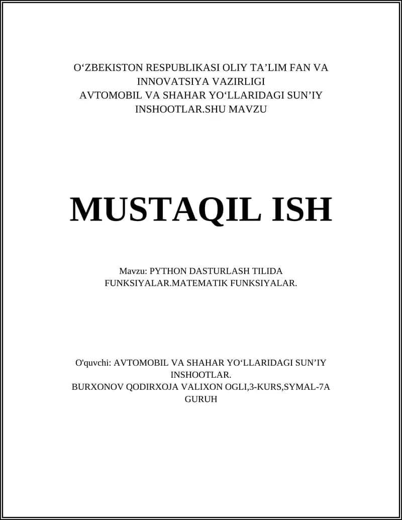 PYTHON DASTURLASH TILIDA FUNKSIYALAR