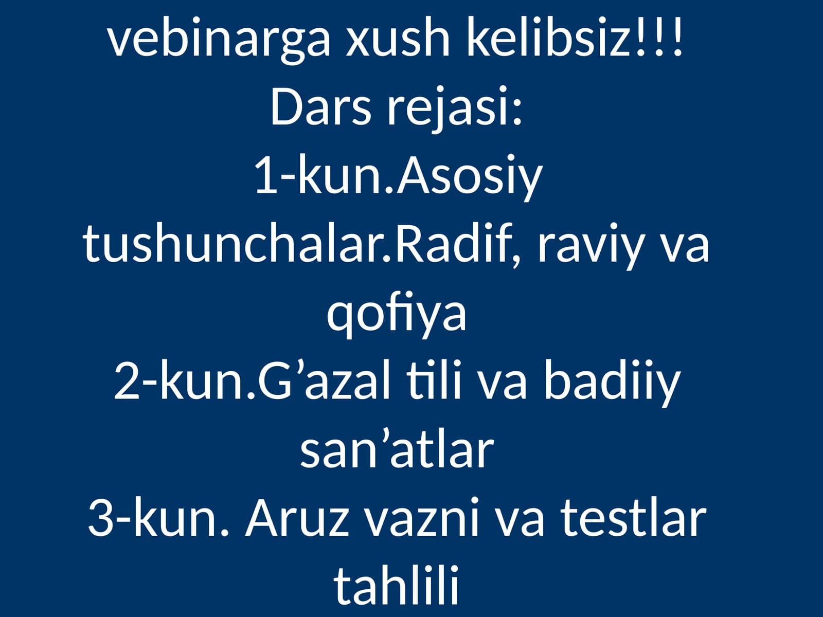 Dars rejasi: G‘azal tahlili va aruz ilmiga bag‘ishlangan 3 kunlik bepul vebinar
