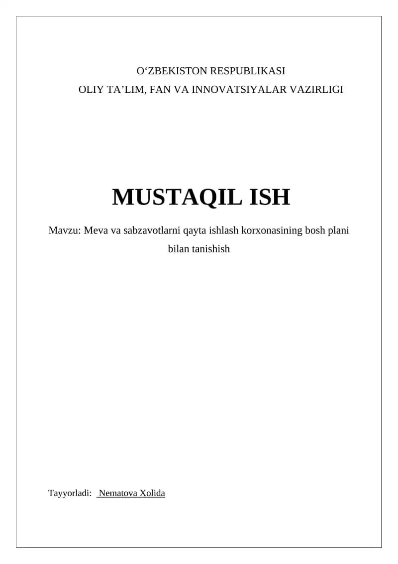 Meva va sabzavotlarni qayta ishlash korxonasining bosh plani
